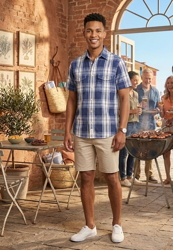 Cherokee Men’s 100% Cotton Short Sleeve Plaid Shirt – Blue & White