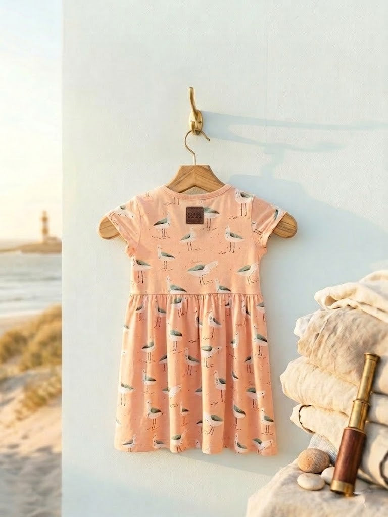 Keedo Girls Seagull Print Cotton Dress | Pastel Pink