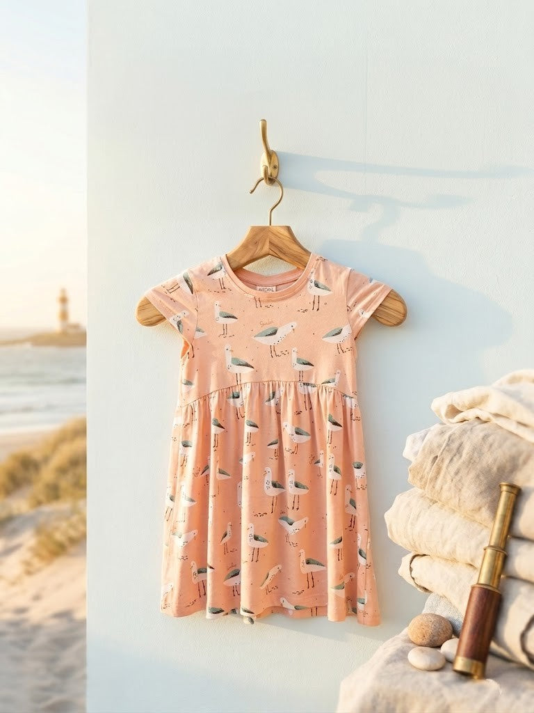 Keedo Girls Seagull Print Cotton Dress | Pastel Pink