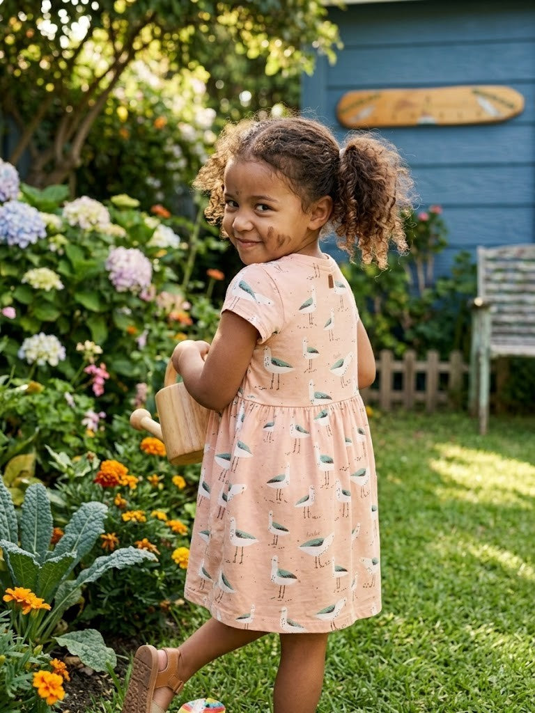 Keedo Girls Seagull Print Cotton Dress | Pastel Pink