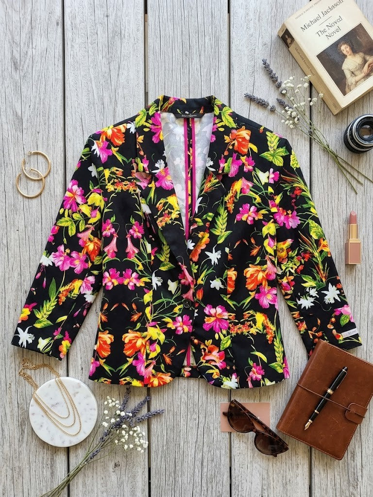 WWW Foschini Women's Black Floral Tailored Blazer Jacket - Size 8