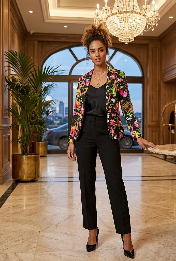WWW Foschini Women's Black Floral Tailored Blazer Jacket - Size 8