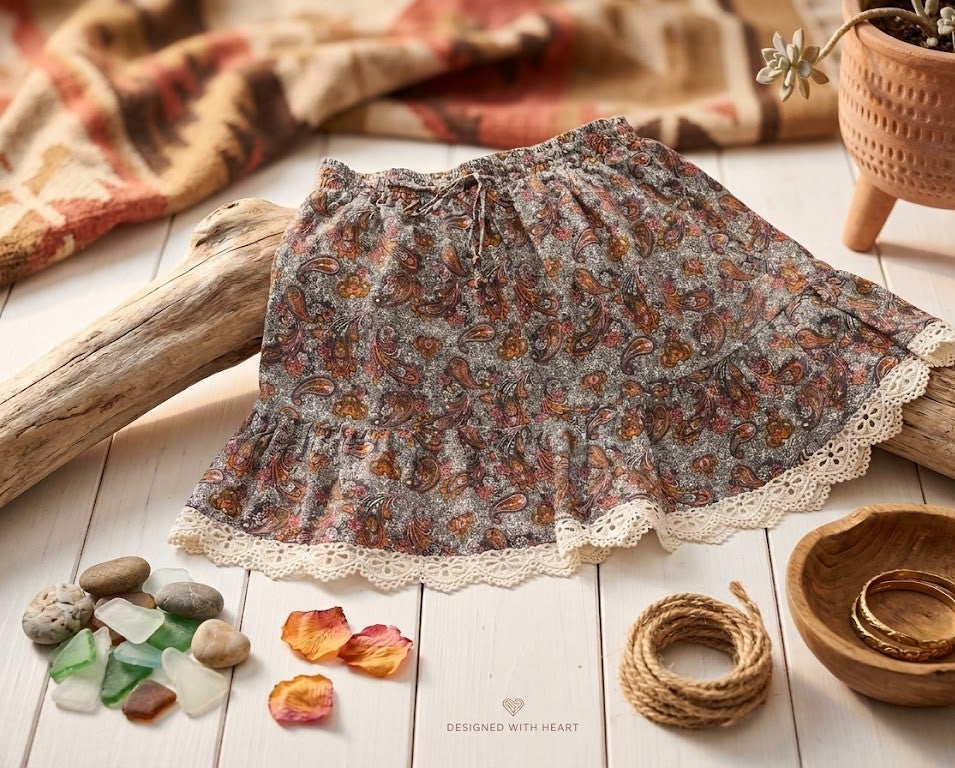 Boho-Chic Paisley Mini Skirt with Crochet Lace Trim