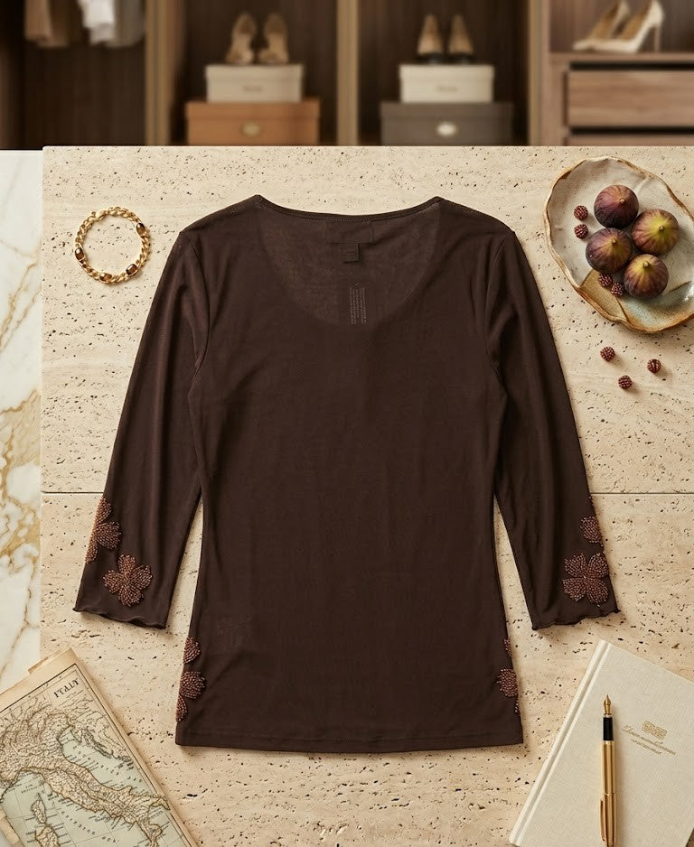 Sophisticated Autumn Flora Beaded Blouse – Chocolate Bronze