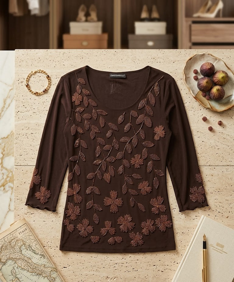 Sophisticated Autumn Flora Beaded Blouse – Chocolate Bronze