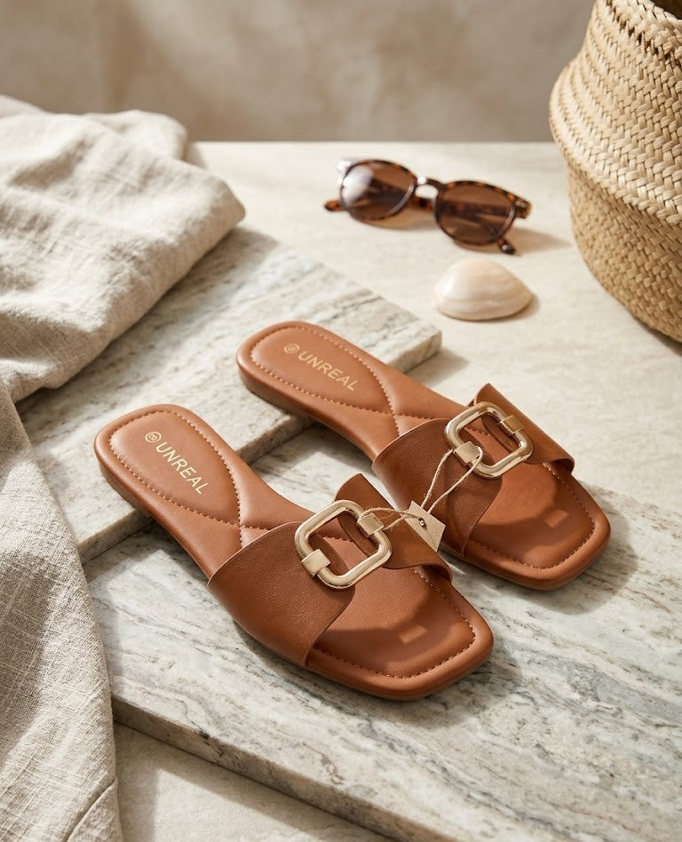 Unreal Brown Buckle Slide Sandals - Size 6 (Brand New)