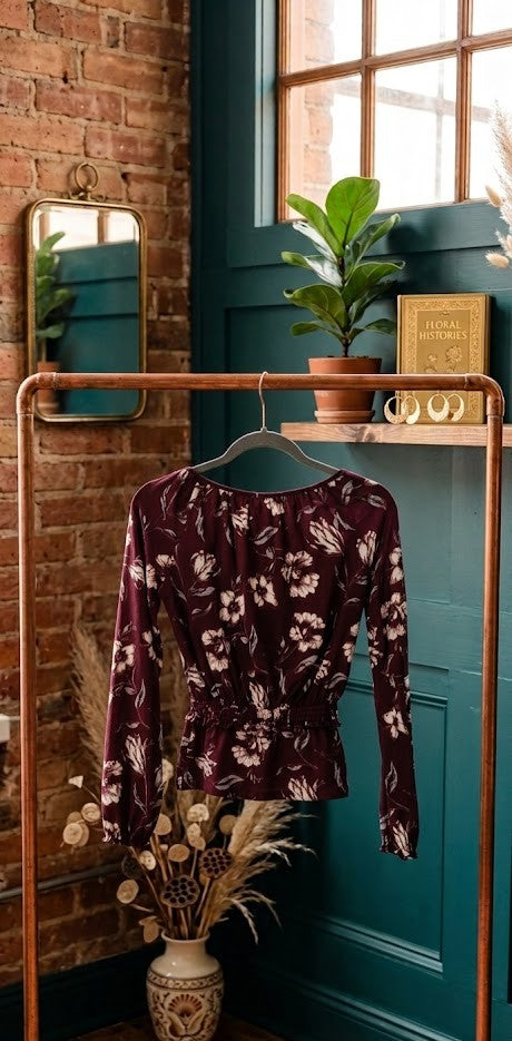 Burgundy Floral Long Sleeve Smocked Blouse | Size XS