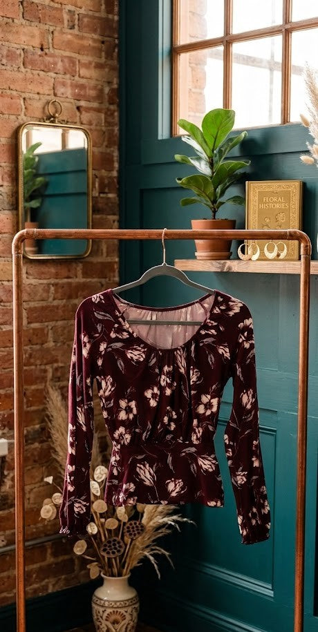 Burgundy Floral Long Sleeve Smocked Blouse | Size XS
