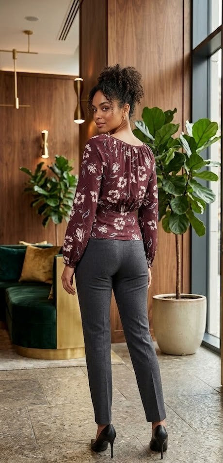 Burgundy Floral Long Sleeve Smocked Blouse | Size XS