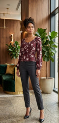 Burgundy Floral Long Sleeve Smocked Blouse | Size XS