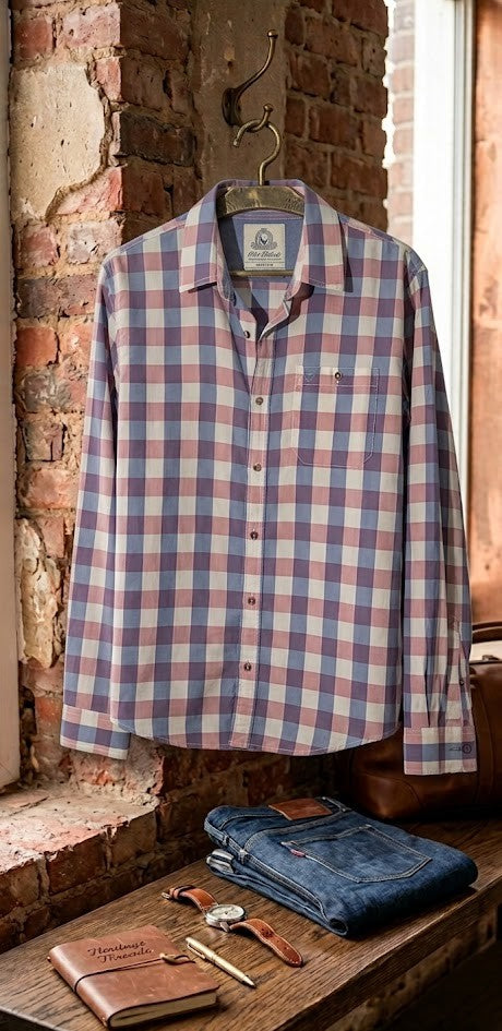 Old Khaki Men's Slim Fit Checkered Long Sleeve Shirt - 100% Cotton