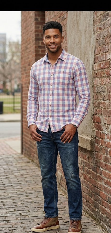 Old Khaki Men's Slim Fit Checkered Long Sleeve Shirt - 100% Cotton