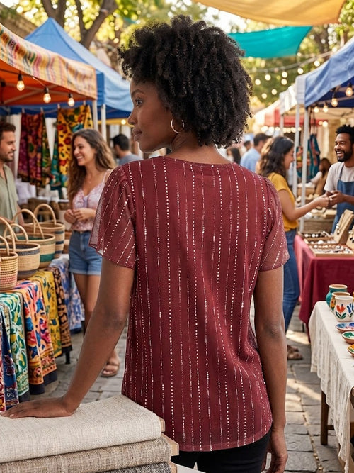 Vintage-Inspired Sheer Burgundy Blouse with Dotted Stripe and Flutter Sleeves