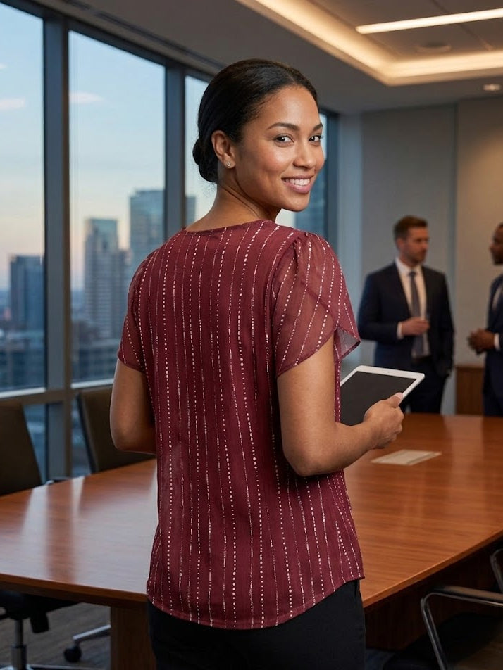 Vintage-Inspired Sheer Burgundy Blouse with Dotted Stripe and Flutter Sleeves