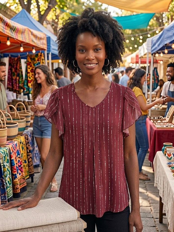 Vintage-Inspired Sheer Burgundy Blouse with Dotted Stripe and Flutter Sleeves