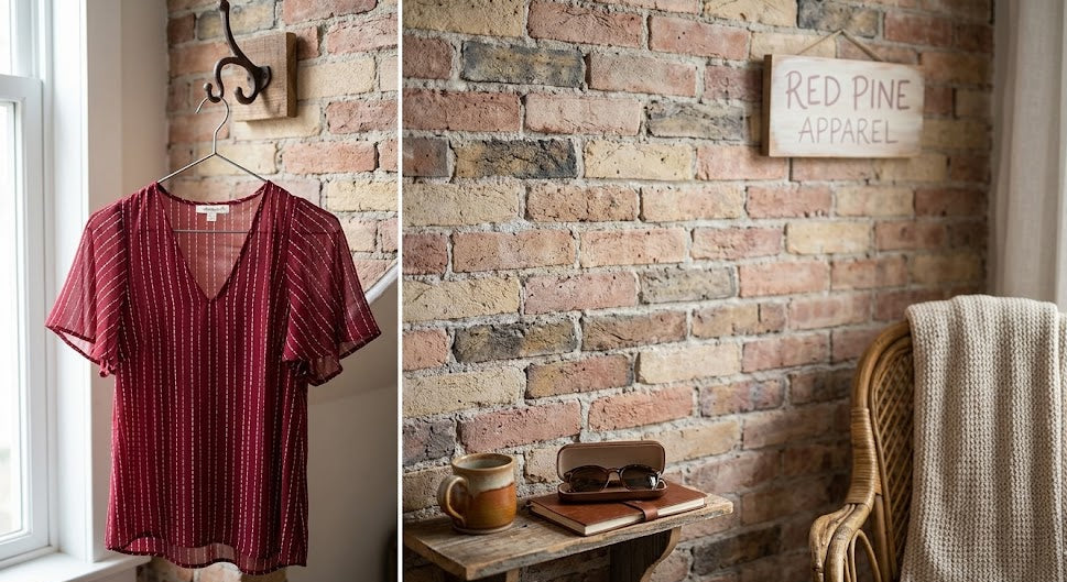 Vintage-Inspired Sheer Burgundy Blouse with Dotted Stripe and Flutter Sleeves