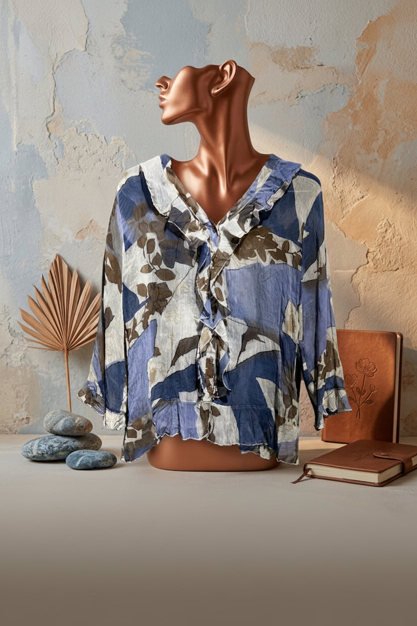 Ruffle Abstract Print Blouse | Size 32 | Excellent Condition