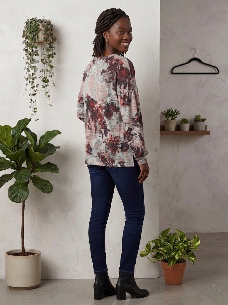 Donna Claire Floral Print Long-Sleeve Blouse – Size 2XL