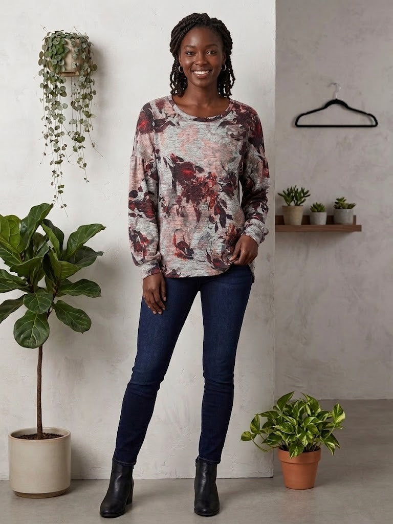 Donna Claire Floral Print Long-Sleeve Blouse – Size 2XL