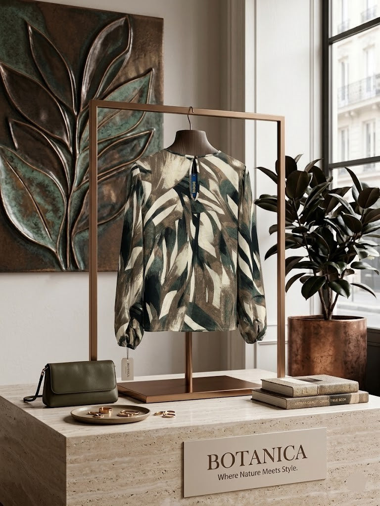 Shein Abstract Leaf Print Long-Sleeve Blouse – Women's Medium