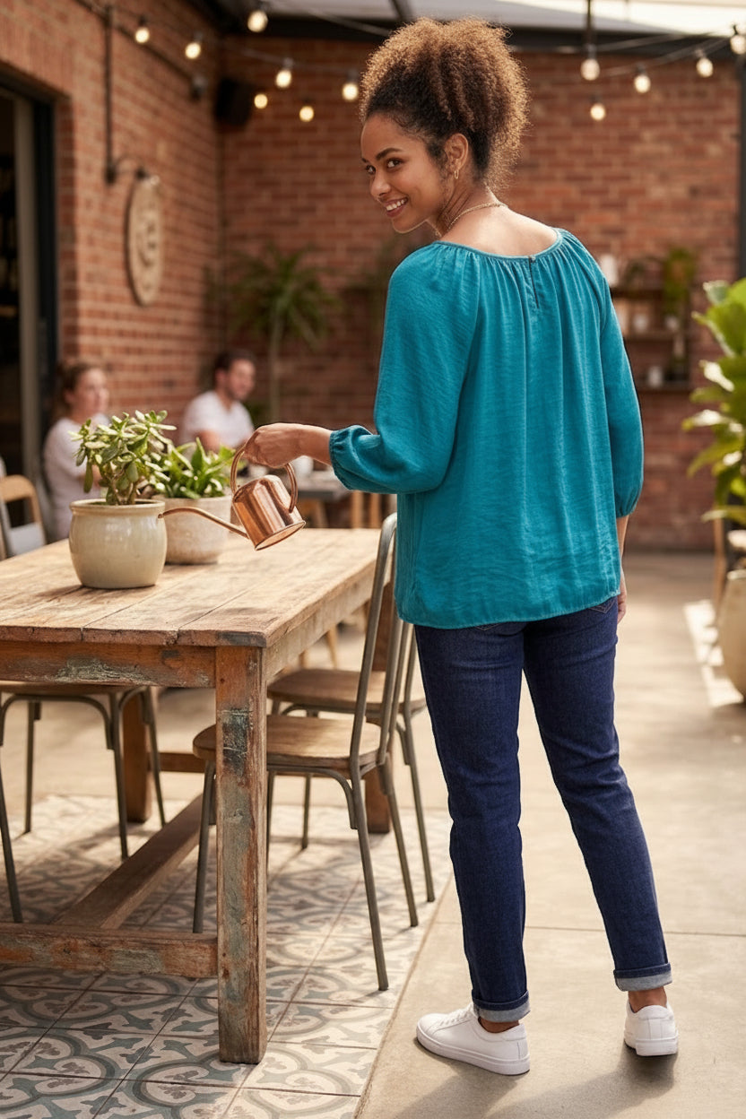 Teal Elegance: Vintage-Inspired Floral Detail Blouse