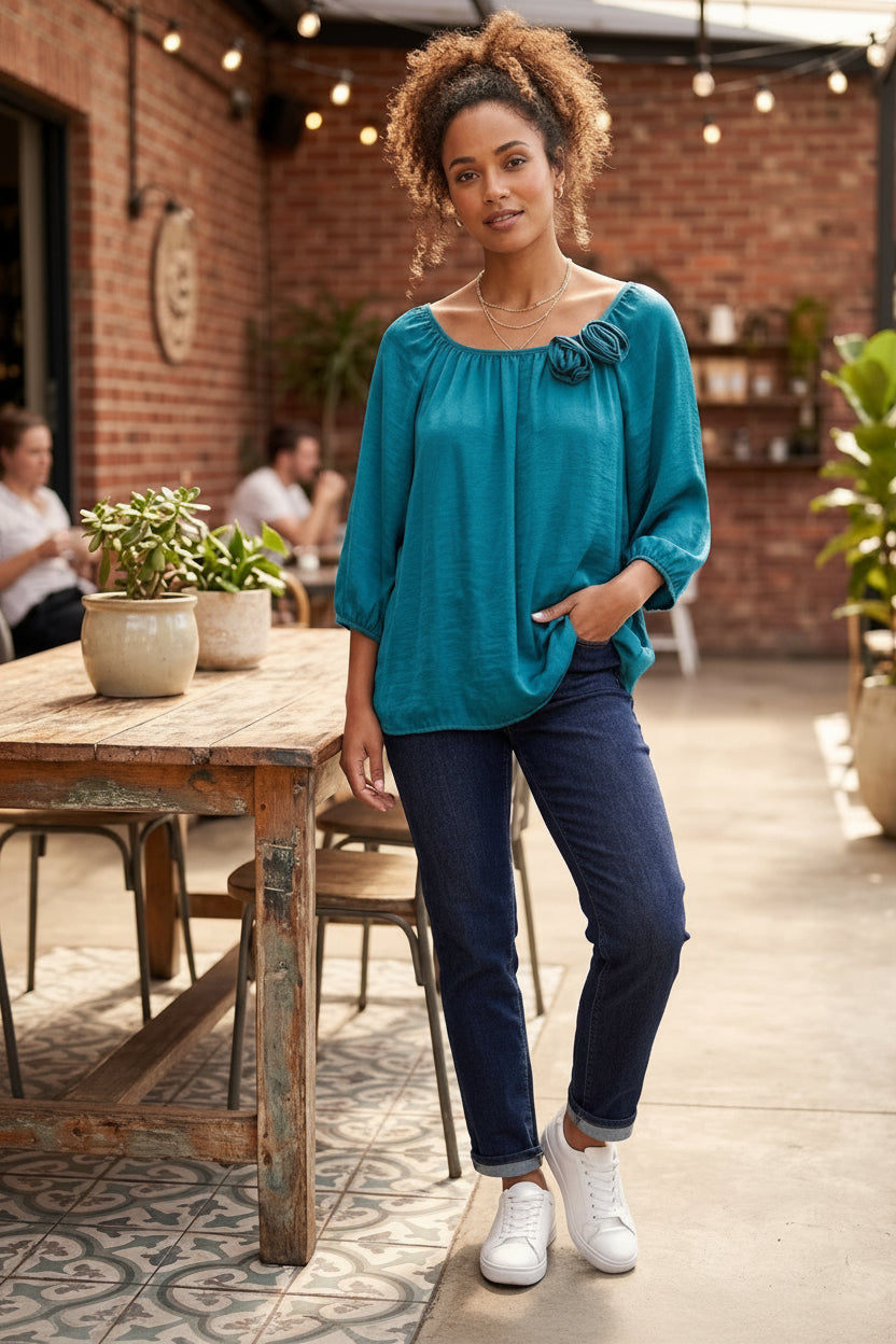 Teal Elegance: Vintage-Inspired Floral Detail Blouse