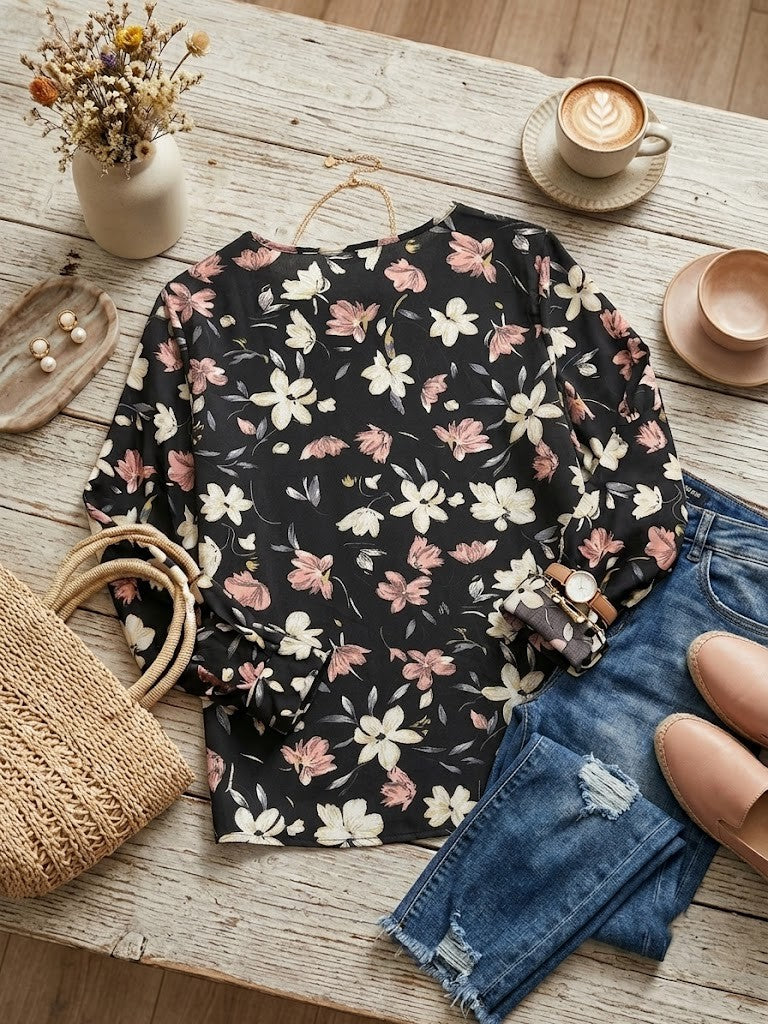 Elegant Floral Print Long-Sleeve Blouse – Women's Size Medium – Excellent Condition