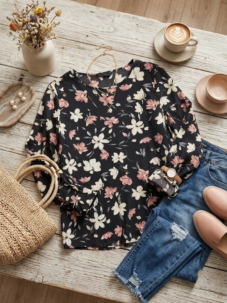 Elegant Floral Print Long-Sleeve Blouse – Women's Size Medium – Excellent Condition