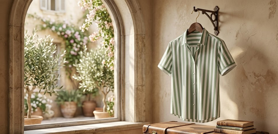 Sage Green Striped Short Sleeve Button-Down Blouse - Size 38 (Excellent Condition)