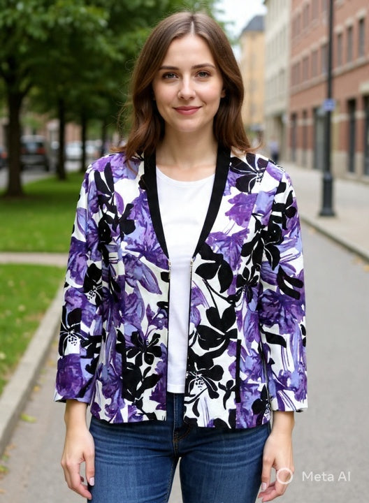 Truworths Floral Open-Front Blazer Jacket in Purple & Black