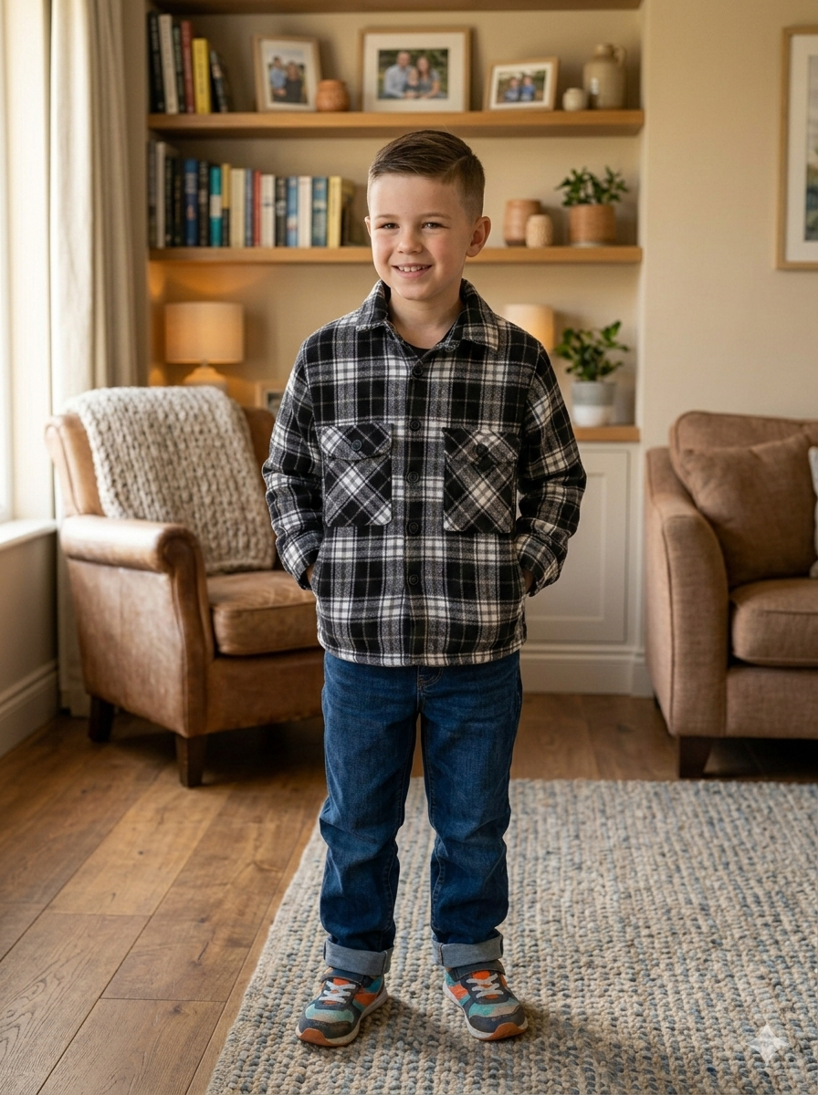 Boys Black & White Plaid Flannel Shacket