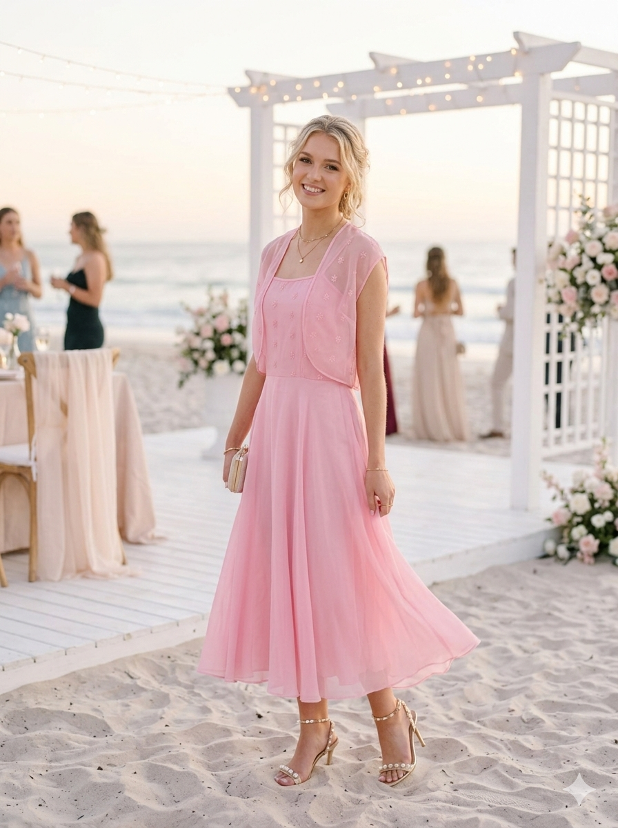 Soft Pink A-Line Cocktail Dress and Lace Shrug Two-Piece Set