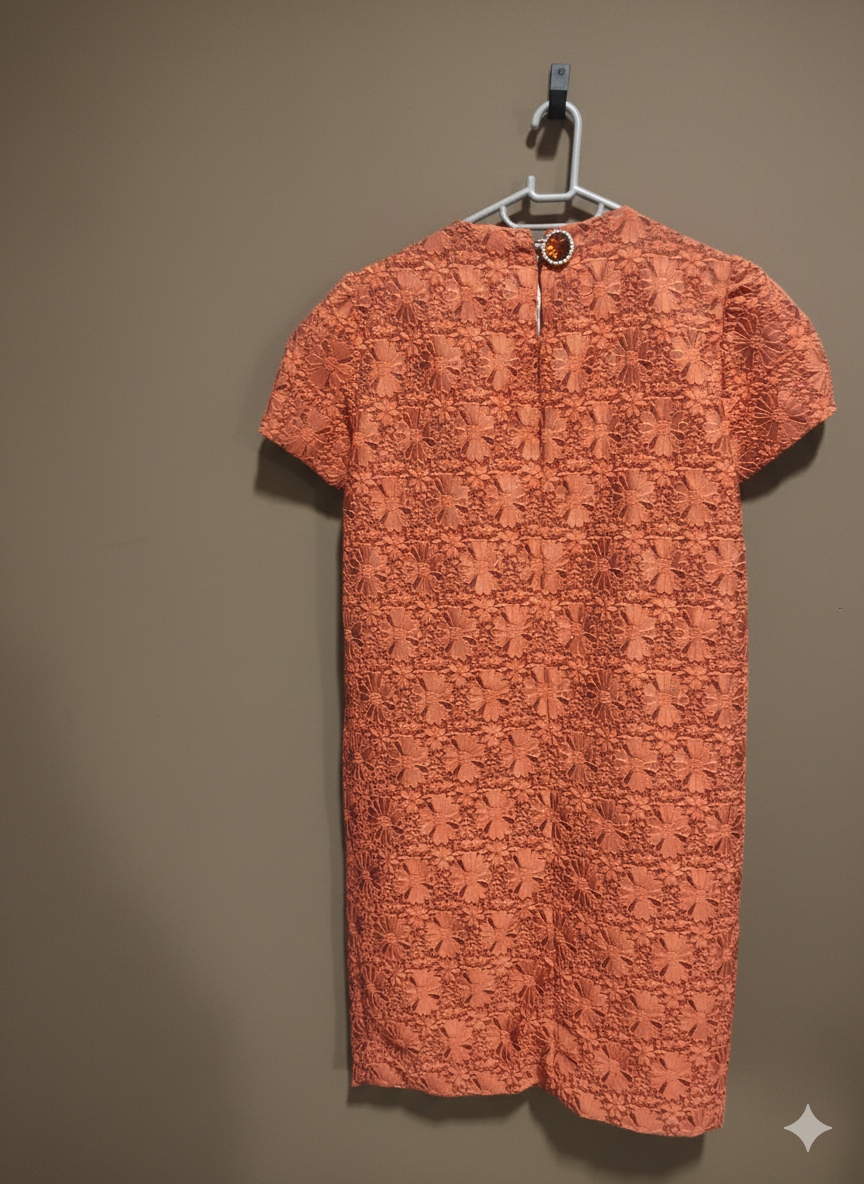 Vintage-Inspired Burnt Orange Lace Overlay Dress with Front Slit Detail