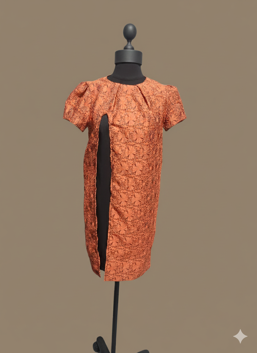 Vintage-Inspired Burnt Orange Lace Overlay Dress with Front Slit Detail