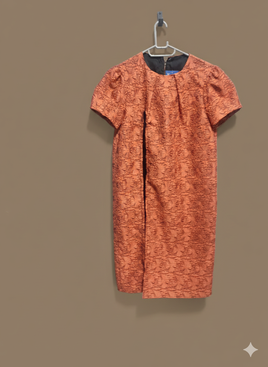 Vintage-Inspired Burnt Orange Lace Overlay Dress with Front Slit Detail