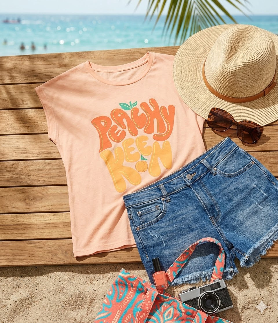 Girls’ "Peachy Keen" Retro Graphic Muscle Tee – Peach Sorbet (Ages 11-12)