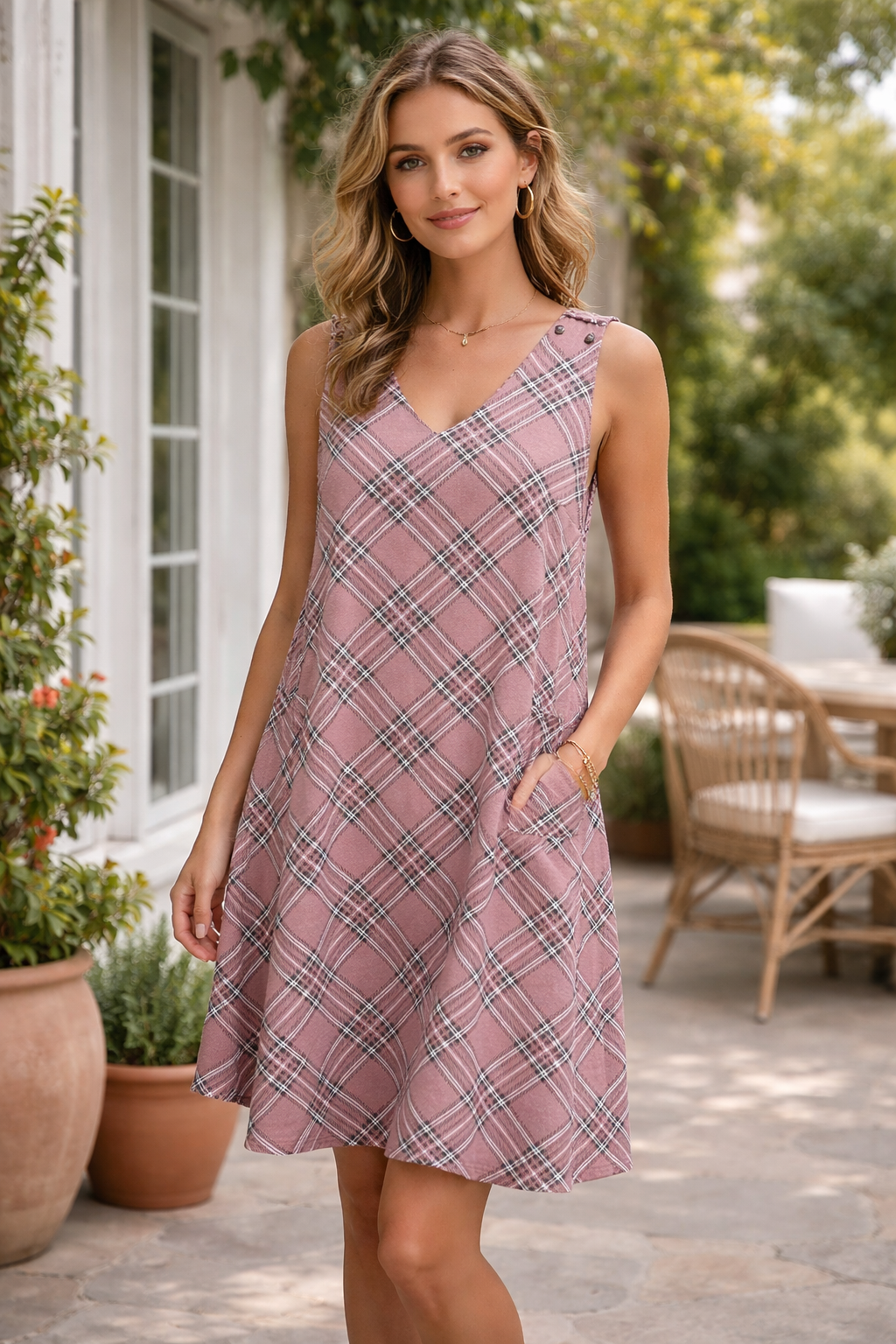 The "Day Out" Pink Checkered Sleeveless Mini Dress