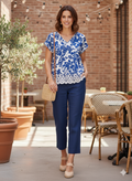 Indigo Floral V-Neck Blouse with Crochet Lace Hem