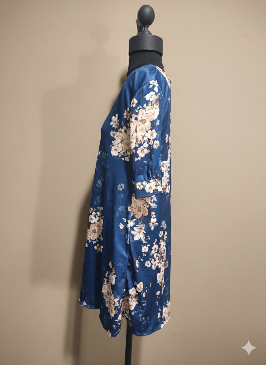 Navy Floral A-Line Dress with 3/4 Sleeves