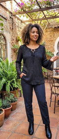 Black Floral Embellished Long-Sleeve Blouse