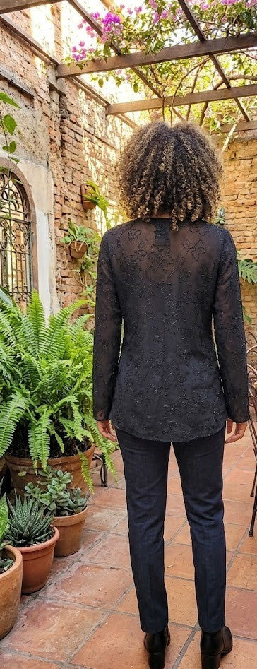 Black Floral Embellished Long-Sleeve Blouse