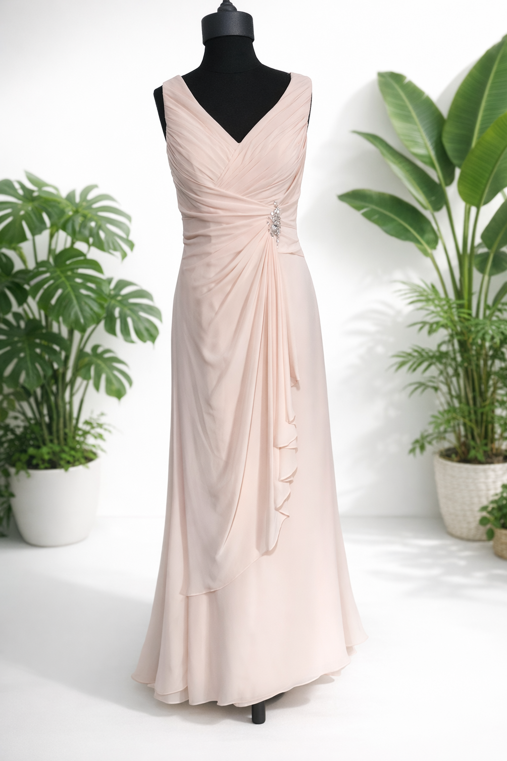 Pebbles Designer V-Neck Ruffled Evening Dress - Blush Pink (Size 10)