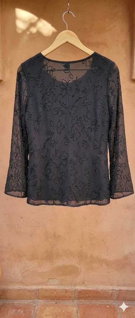 Black Floral Embellished Long-Sleeve Blouse