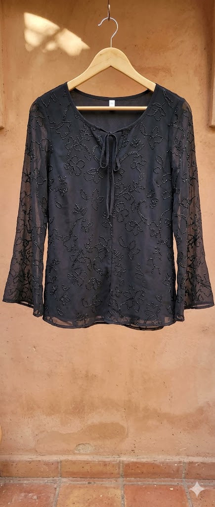 Black Floral Embellished Long-Sleeve Blouse